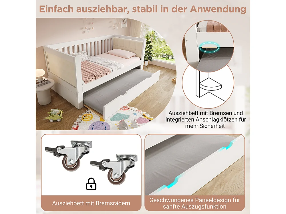 Dagbed 90x190 cm met onderschuifbed in wit massief hout – ruimtebesparende extra slaapbank, lattenbodem, 2 personen