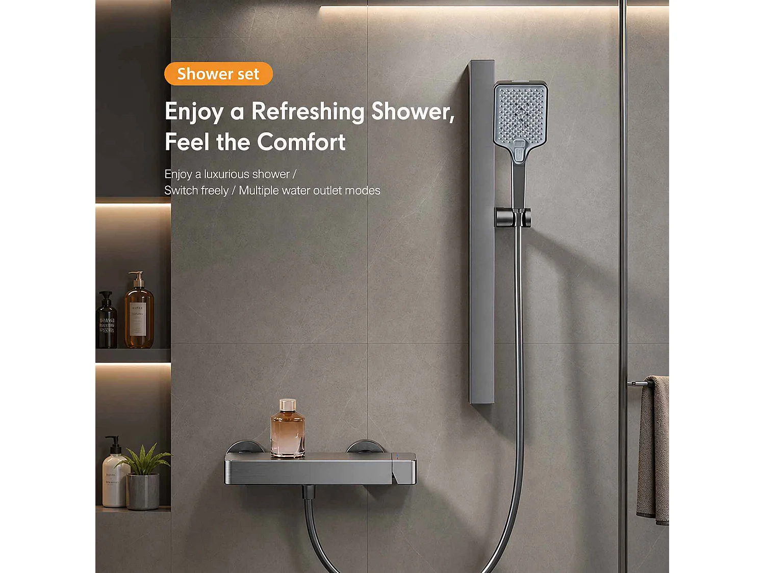 Ensemble douche en aluminium avec douchette 3 modes, mitigeur céramique et flexible PVC gris anthracite