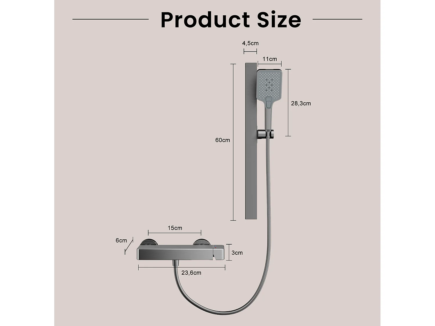 Ensemble douche en aluminium avec douchette 3 modes, mitigeur céramique et flexible PVC gris anthracite