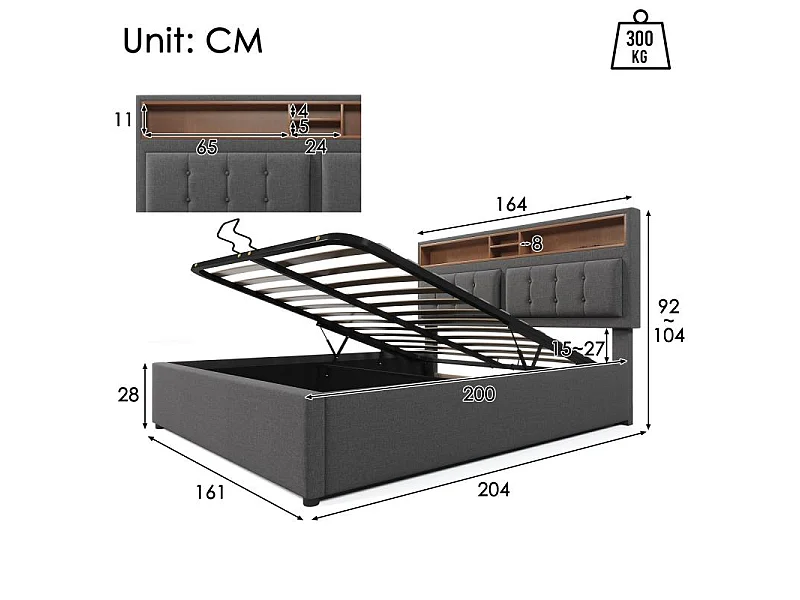 Letto Matrimoniale con USB-C, Testiera Regolabile e Cassone Portaoggetti – Comfort Intelligente in Lino