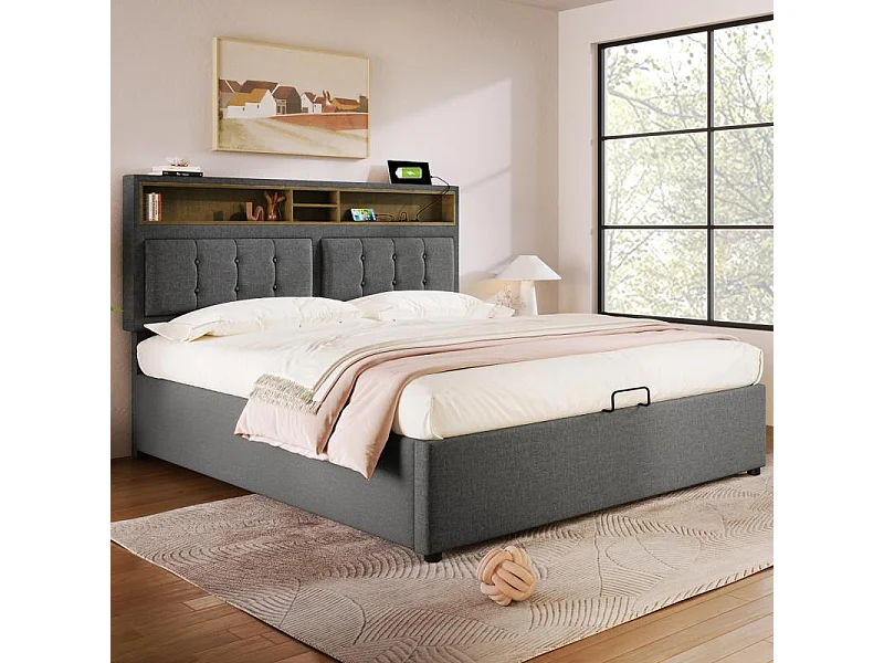 Letto Matrimoniale con USB-C, Testiera Regolabile e Cassone Portaoggetti – Comfort Intelligente in Lino