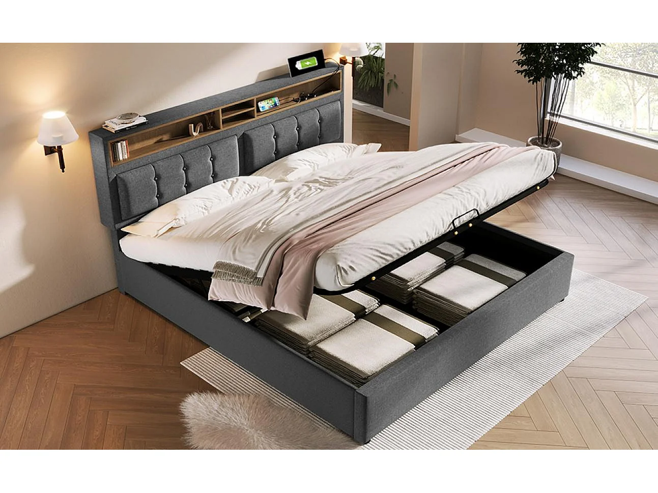 Letto Matrimoniale con USB-C, Testiera Regolabile e Cassone Portaoggetti – Comfort Intelligente in Lino