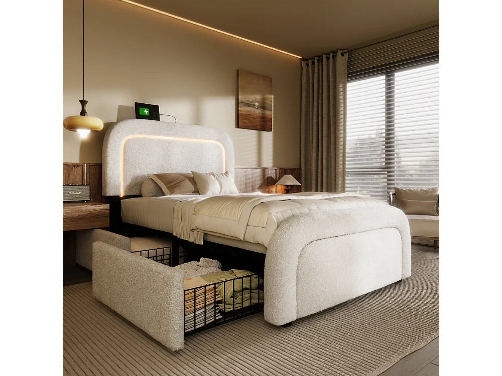 Bettgestell 90x200 USB-C LED Sherpa gewatteerd bed wit met 2 lades en houten lattenbodem