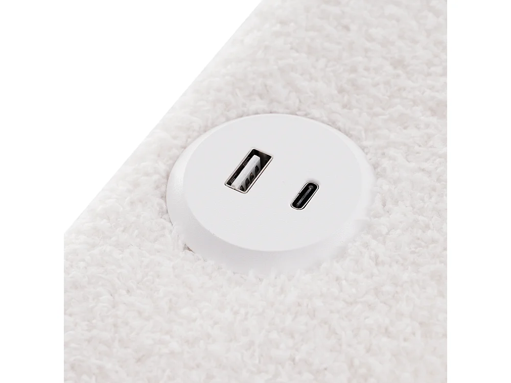 Bettgestell 90x200 USB-C LED Sherpa gewatteerd bed wit met 2 lades en houten lattenbodem