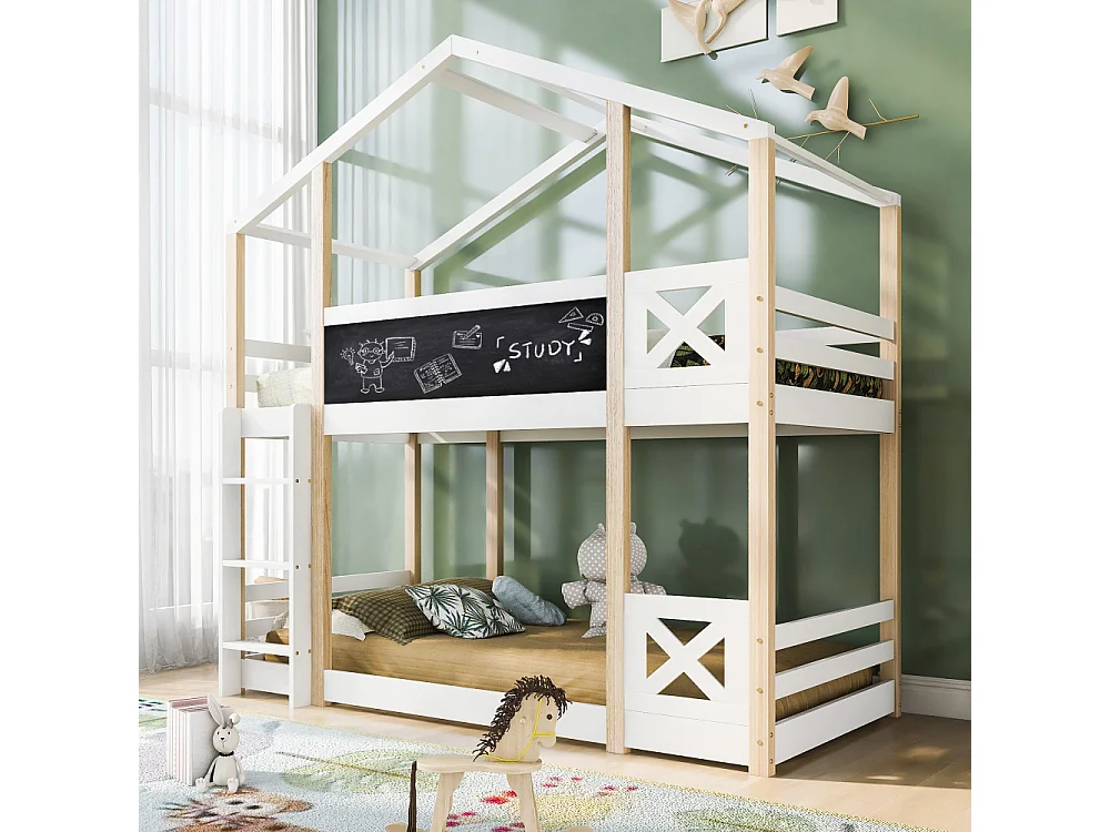 Boomhut kinderbed 90x200 cm mezzaninebed met opbergladder EN747 wit grenenhout
