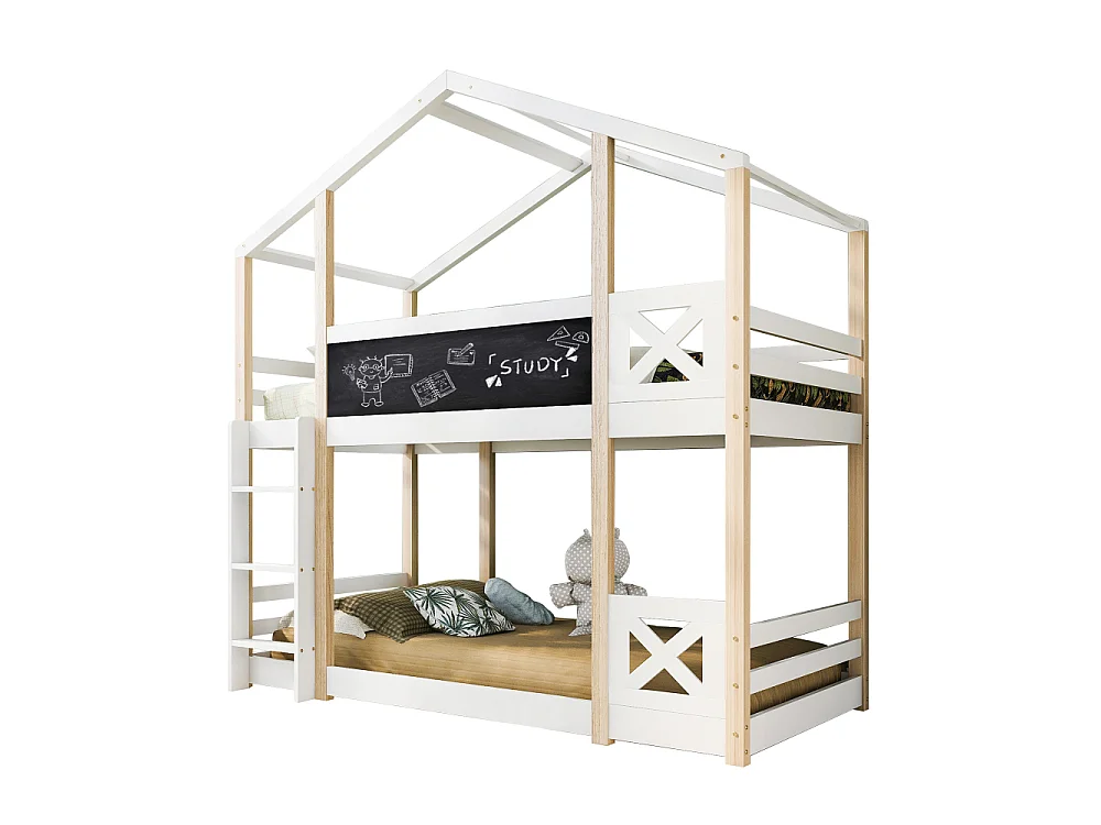 Boomhut kinderbed 90x200 cm mezzaninebed met opbergladder EN747 wit grenenhout