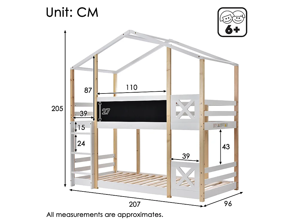 Boomhut kinderbed 90x200 cm mezzaninebed met opbergladder EN747 wit grenenhout