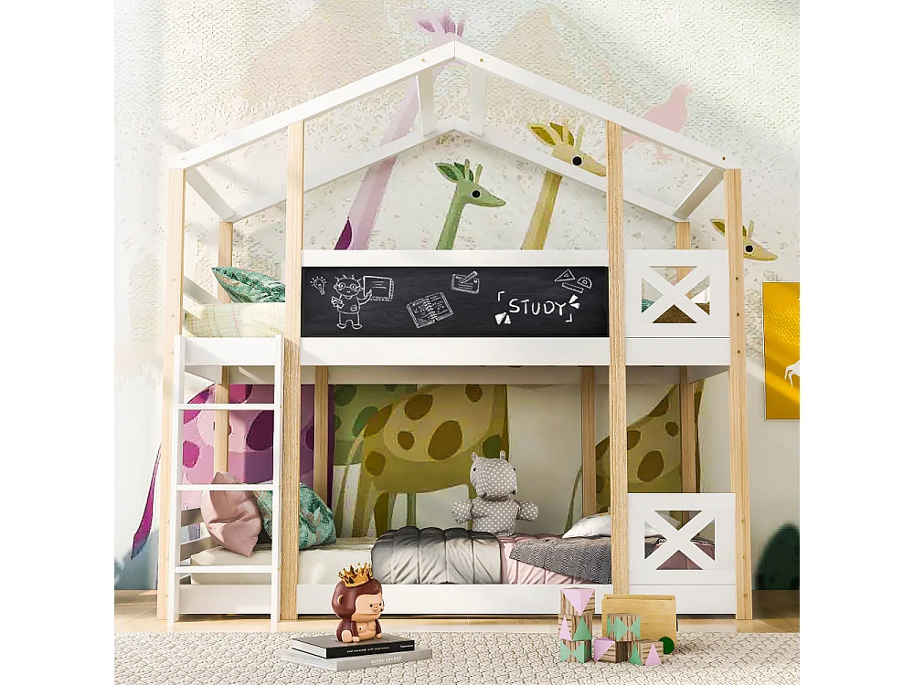 Boomhut kinderbed 90x200 cm mezzaninebed met opbergladder EN747 wit grenenhout