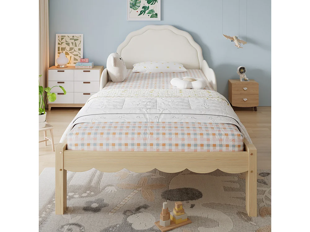 Kinderbett Polsterbett 90x200 cm tête de lit PU cadre bois barrière latérale beige lit enfant stable sécurité design moderne confort