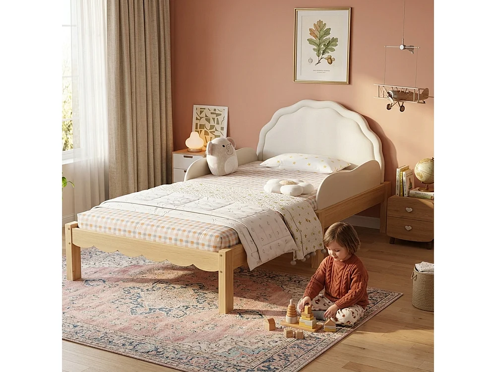 Kinderbett Polsterbett 90x200 cm tête de lit PU cadre bois barrière latérale beige lit enfant stable sécurité design moderne confort