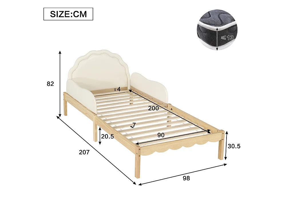 Kinderbett Polsterbett 90x200 cm tête de lit PU cadre bois barrière latérale beige lit enfant stable sécurité design moderne confort