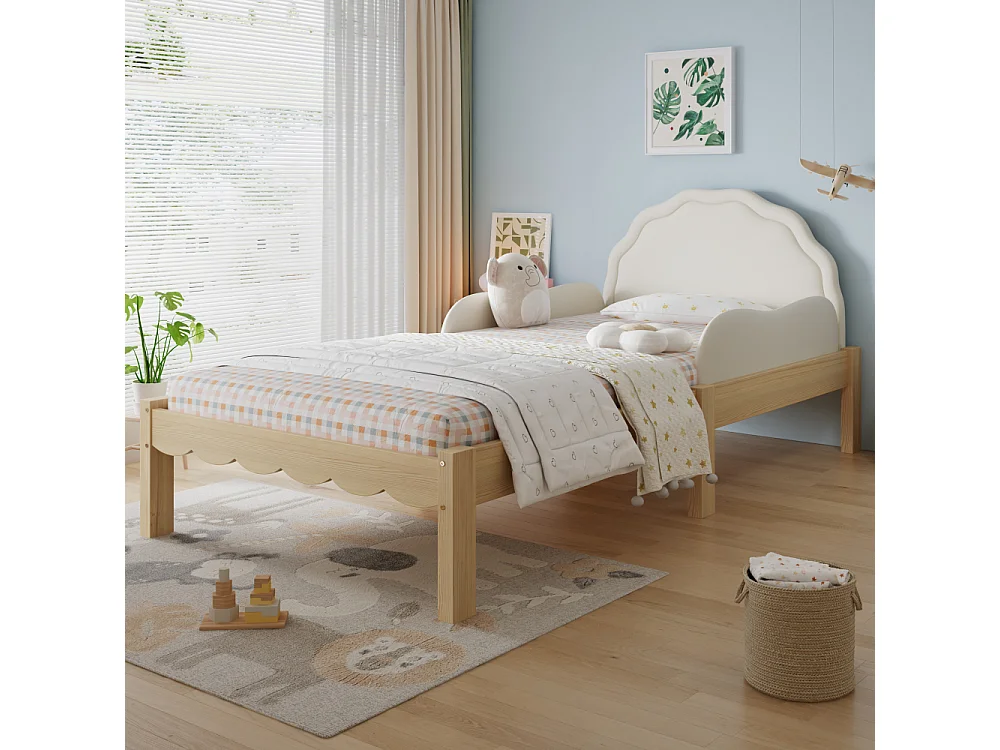 Kinderbett Polsterbett 90x200 cm tête de lit PU cadre bois barrière latérale beige lit enfant stable sécurité design moderne confort