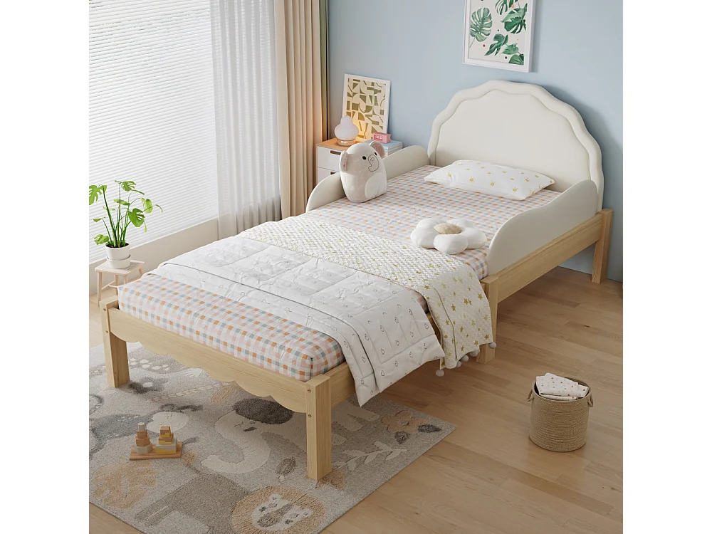 Kinderbett Polsterbett 90x200 cm tête de lit PU cadre bois barrière latérale beige lit enfant stable sécurité design moderne confort