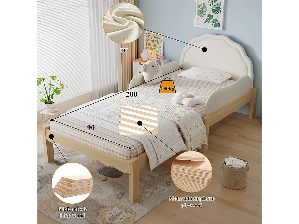 Kinderbett Polsterbett 90x200 cm tête de lit PU cadre bois barrière latérale beige lit enfant stable sécurité design moderne confort