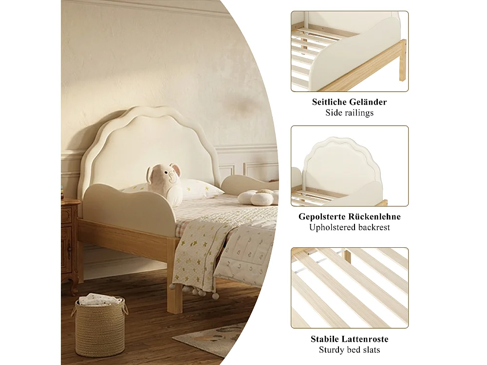 Kinderbett Polsterbett 90x200 cm tête de lit PU cadre bois barrière latérale beige lit enfant stable sécurité design moderne confort