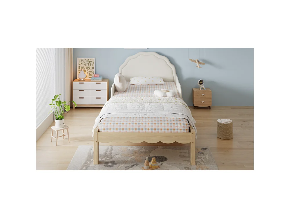Kinderbett Polsterbett 90x200 cm tête de lit PU cadre bois barrière latérale beige lit enfant stable sécurité design moderne confort