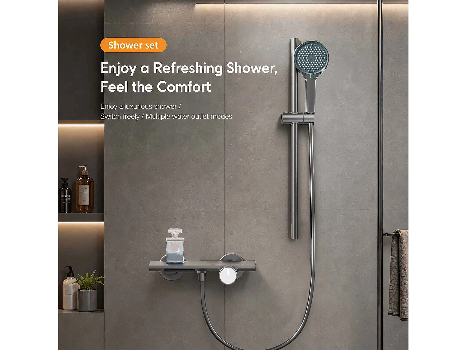 Ensemble douche aluminium avec douchette 145 trous 3 modes, cartouche céramique et flexible PVC gris anthracite