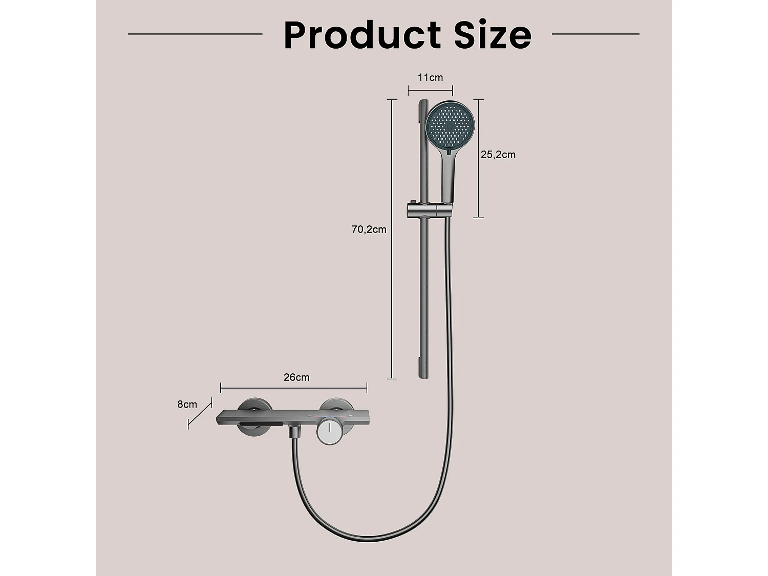 Ensemble douche aluminium avec douchette 145 trous 3 modes, cartouche céramique et flexible PVC gris anthracite