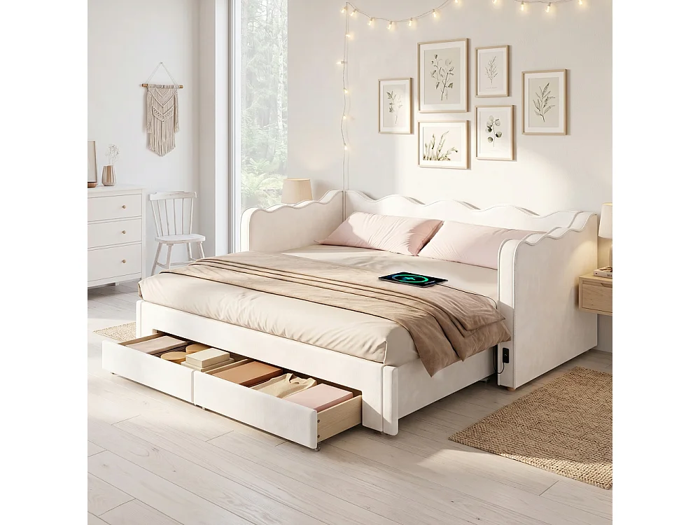 Gestoffeerd bed / Daybed 90x200 cm uitschuifbaar beige fluweel 180x200 met USB-poort en lades