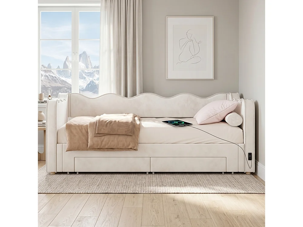 Gestoffeerd bed / Daybed 90x200 cm uitschuifbaar beige fluweel 180x200 met USB-poort en lades
