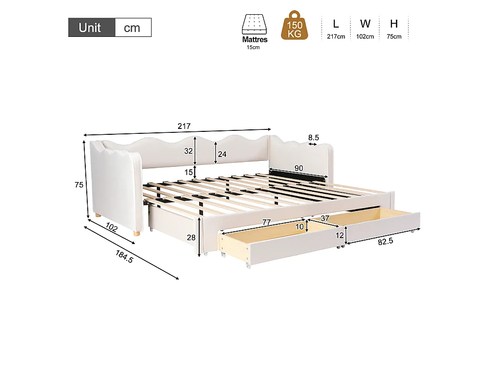 Gestoffeerd bed / Daybed 90x200 cm uitschuifbaar beige fluweel 180x200 met USB-poort en lades