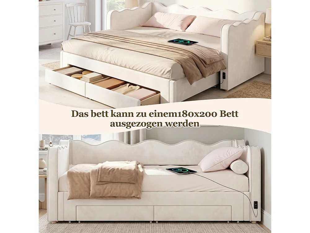 Gestoffeerd bed / Daybed 90x200 cm uitschuifbaar beige fluweel 180x200 met USB-poort en lades