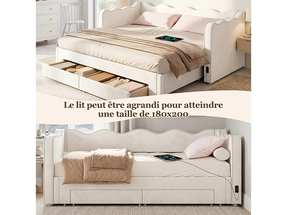 Gestoffeerd bed / Daybed 90x200 cm uitschuifbaar beige fluweel 180x200 met USB-poort en lades