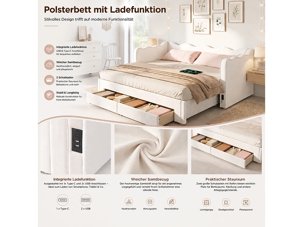 Gestoffeerd bed / Daybed 90x200 cm uitschuifbaar beige fluweel 180x200 met USB-poort en lades