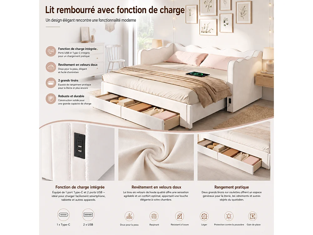 Gestoffeerd bed / Daybed 90x200 cm uitschuifbaar beige fluweel 180x200 met USB-poort en lades
