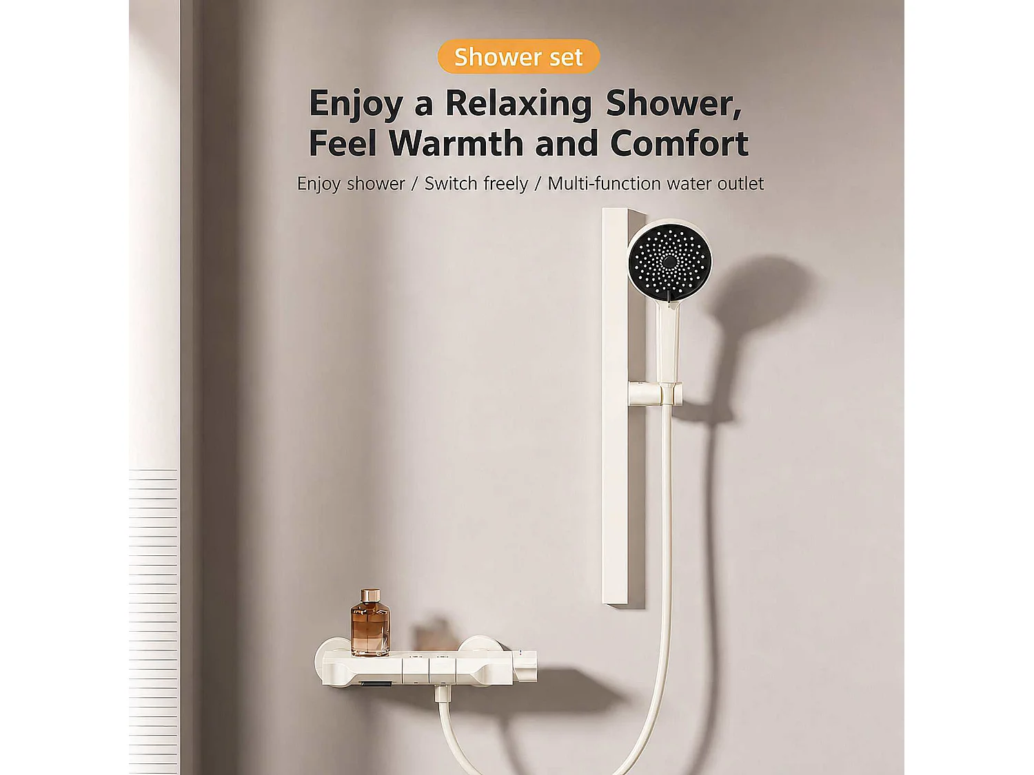 Ensemble douche aluminium avec douchette 260 mm, mitigeur céramique et tablette 228 mm beige