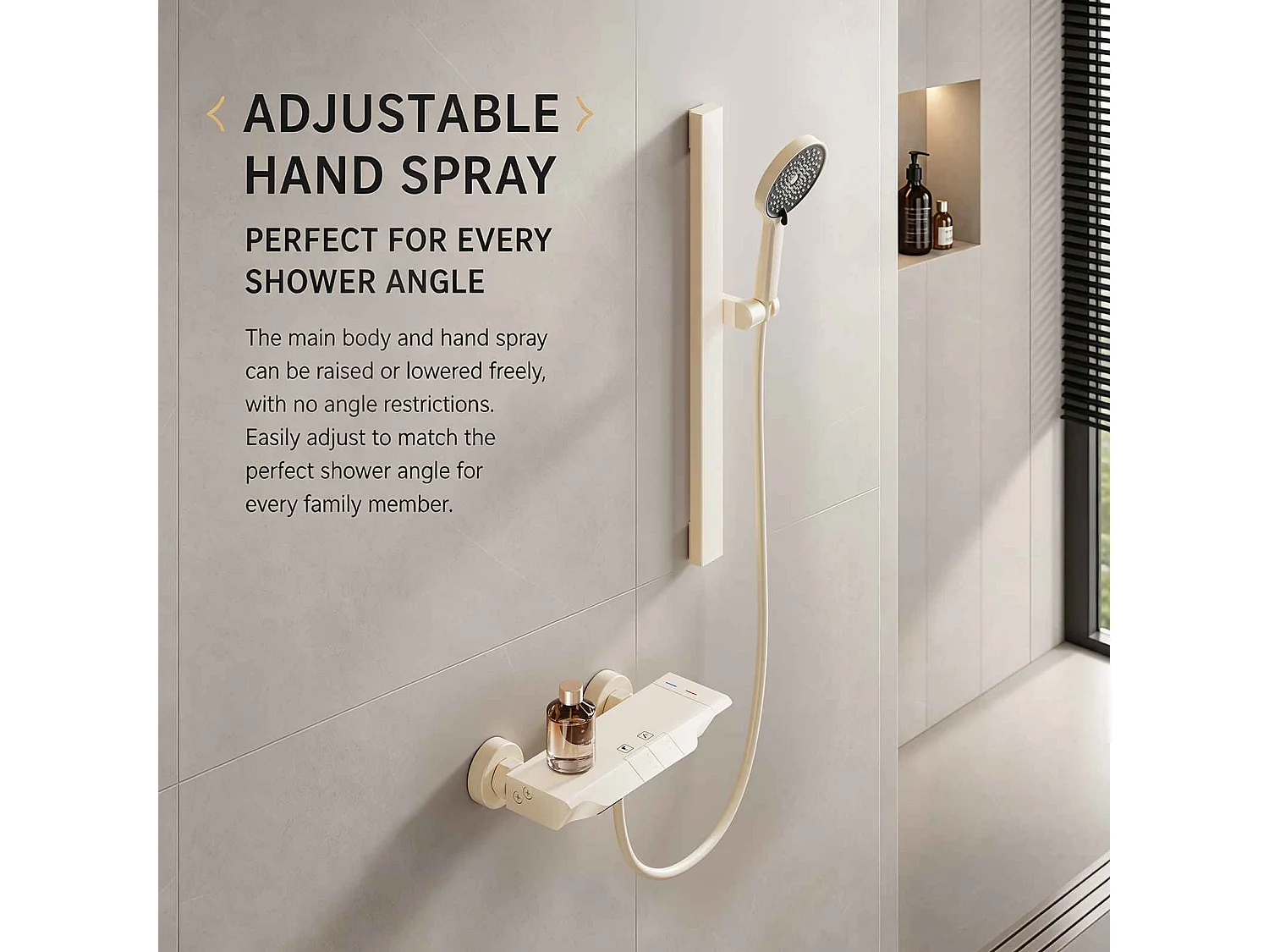 Ensemble douche aluminium avec douchette 260 mm, mitigeur céramique et tablette 228 mm beige