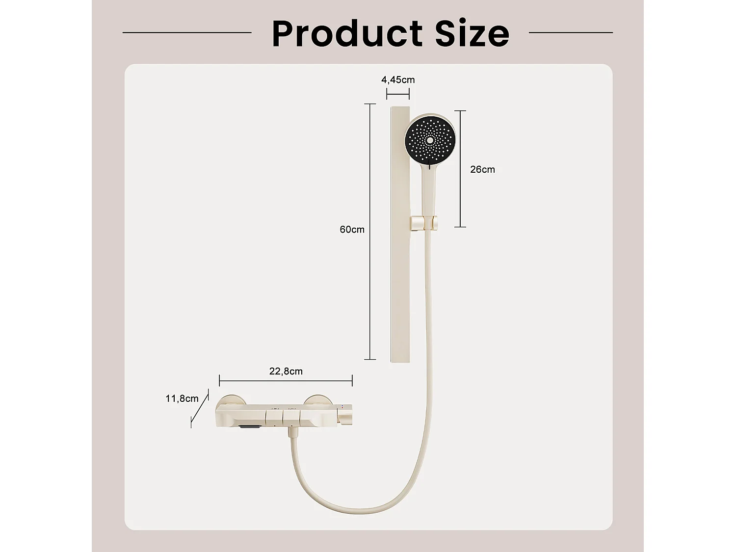 Ensemble douche aluminium avec douchette 260 mm, mitigeur céramique et tablette 228 mm beige