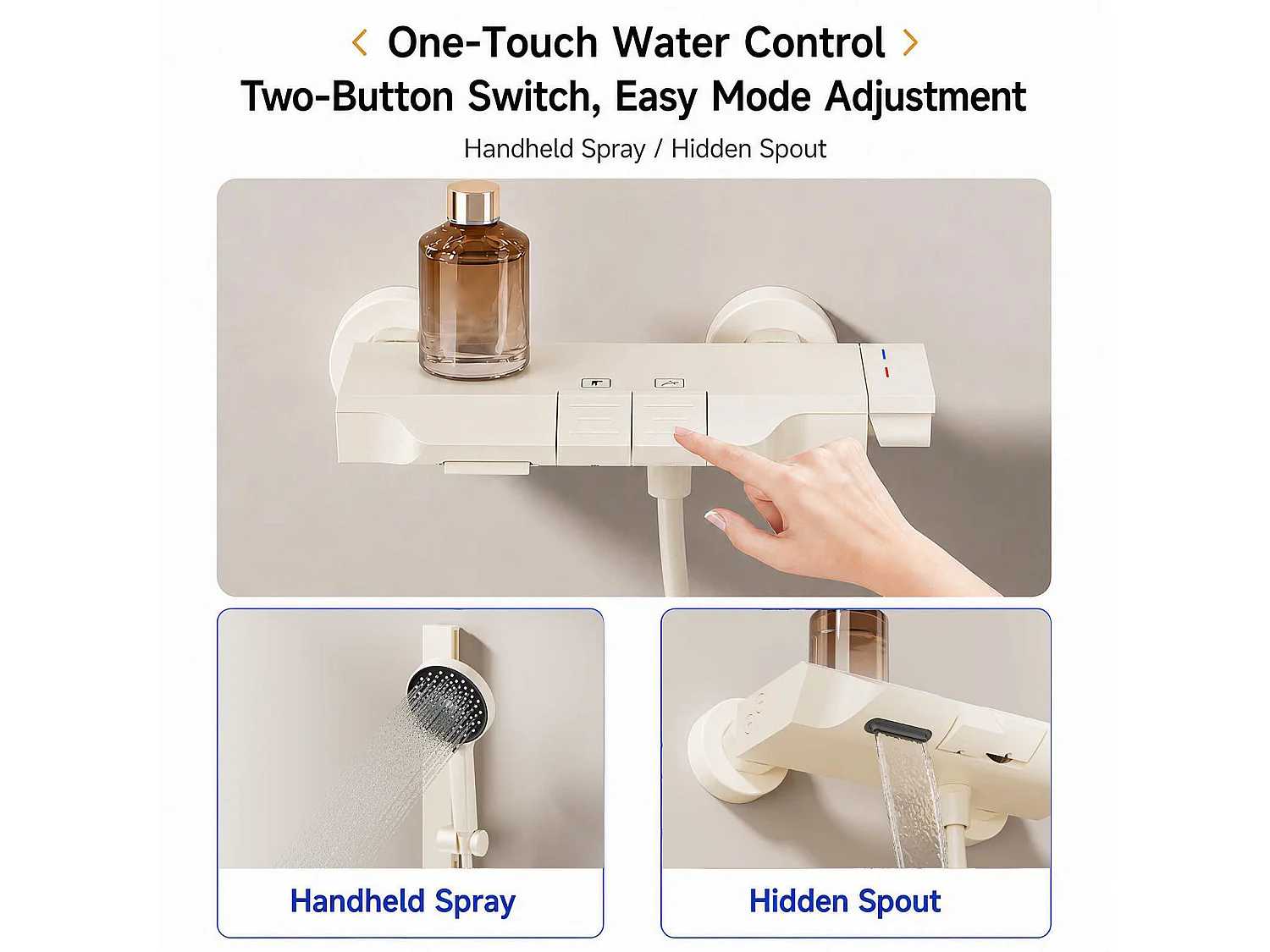 Ensemble douche aluminium avec douchette 260 mm, mitigeur céramique et tablette 228 mm beige