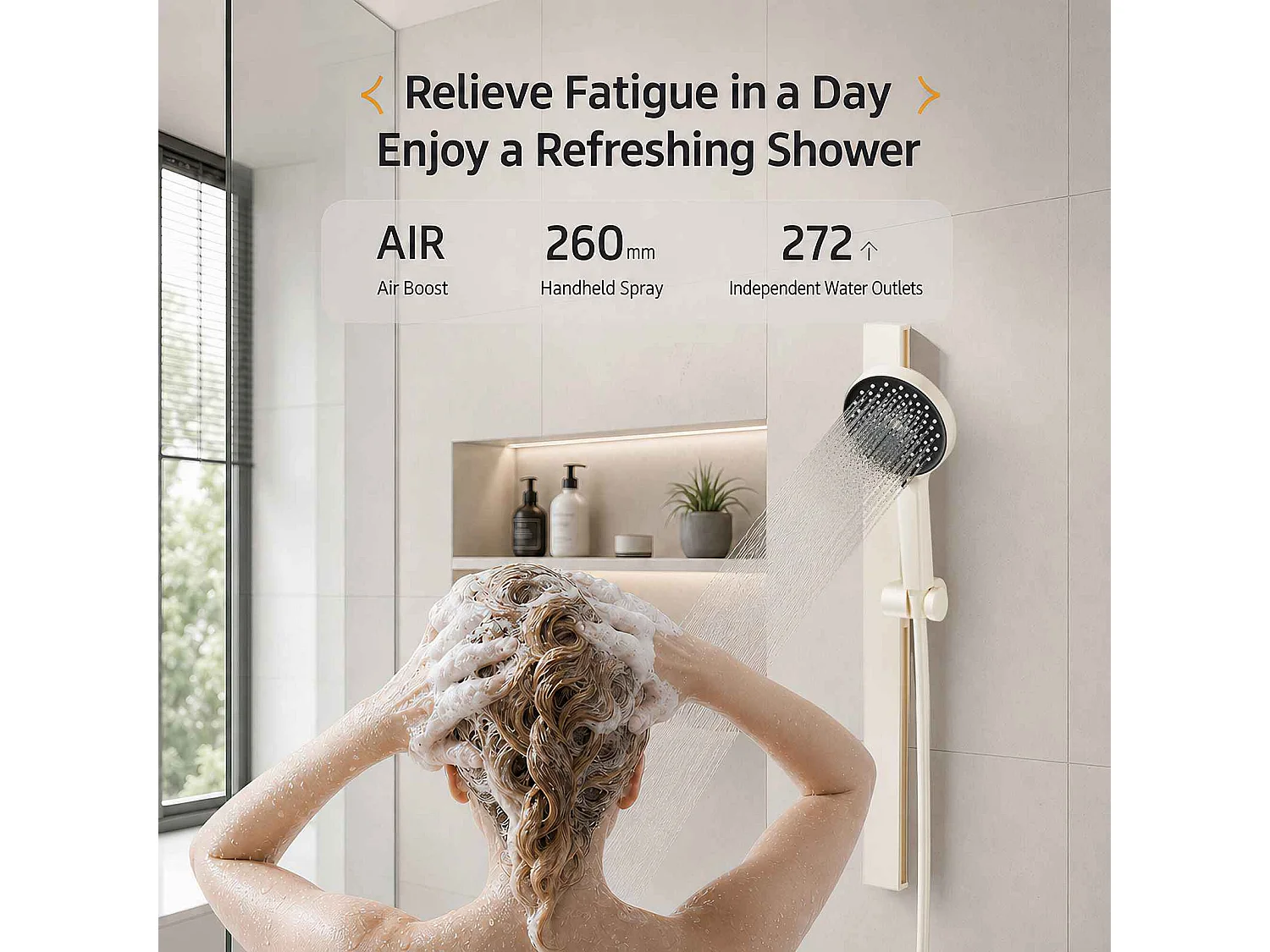 Ensemble douche aluminium avec douchette 260 mm, mitigeur céramique et tablette 228 mm beige