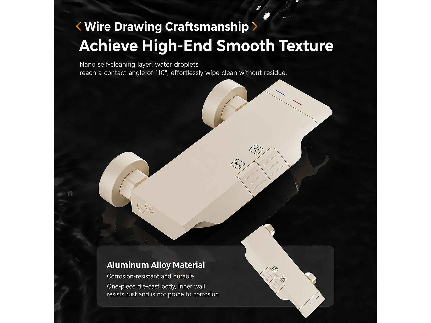 Ensemble douche aluminium avec douchette 260 mm, mitigeur céramique et tablette 228 mm beige
