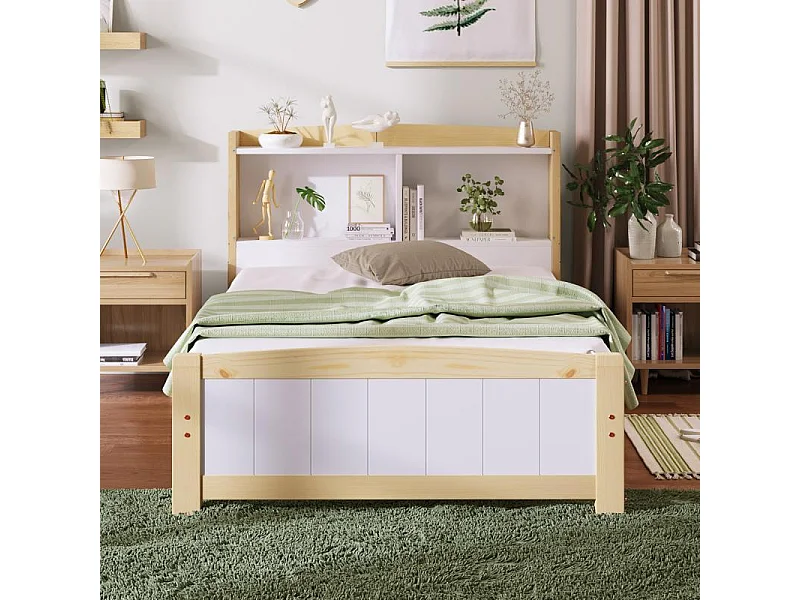 Letto singolo in legno massello 90×200 con testiera portaoggetti, struttura in pino, doghe, bianco naturale, letto bambino adolescente con materasso