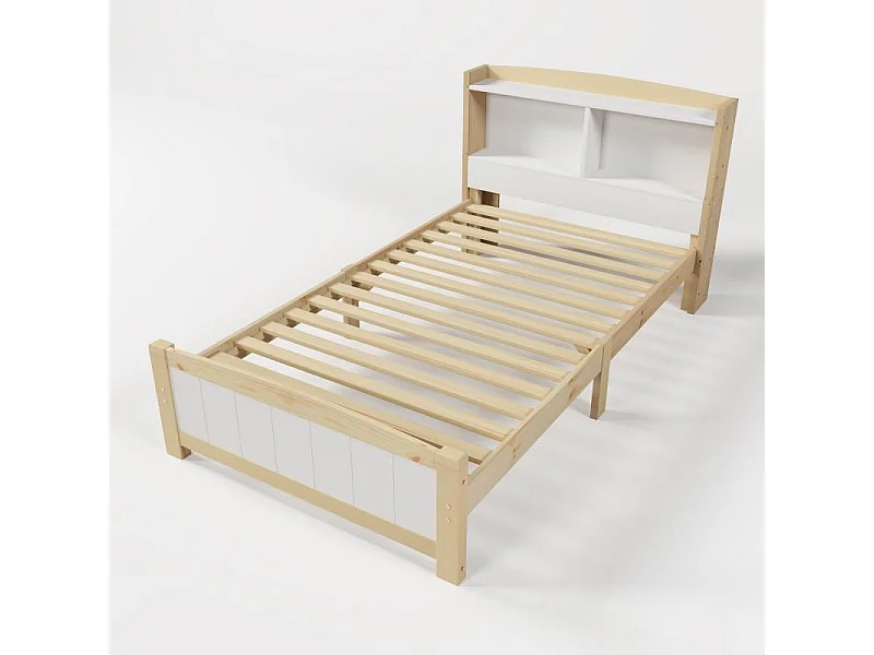 Letto singolo in legno massello 90×200 con testiera portaoggetti, struttura in pino, doghe, bianco naturale, letto bambino adolescente con materasso