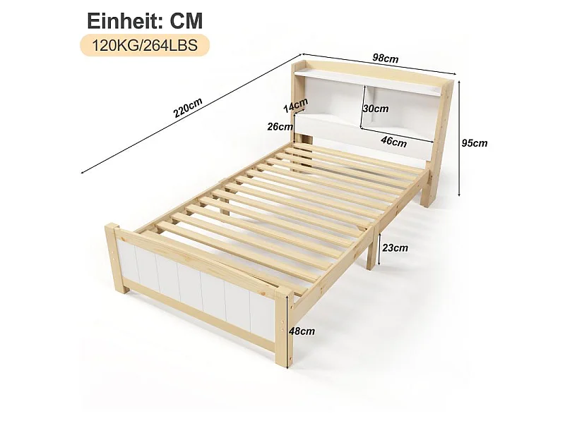 Letto singolo in legno massello 90×200 con testiera portaoggetti, struttura in pino, doghe, bianco naturale, letto bambino adolescente con materasso
