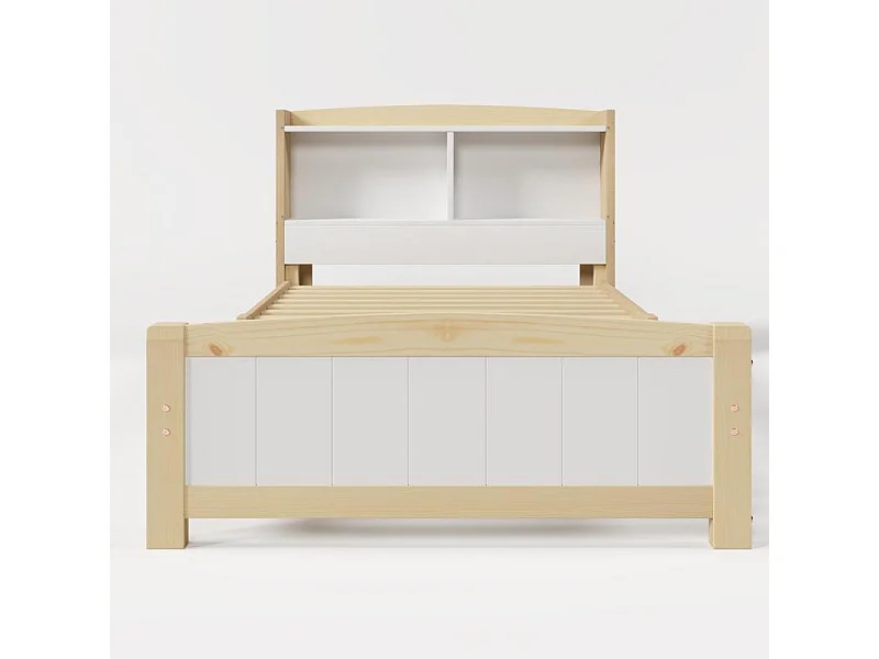 Letto singolo in legno massello 90×200 con testiera portaoggetti, struttura in pino, doghe, bianco naturale, letto bambino adolescente con materasso