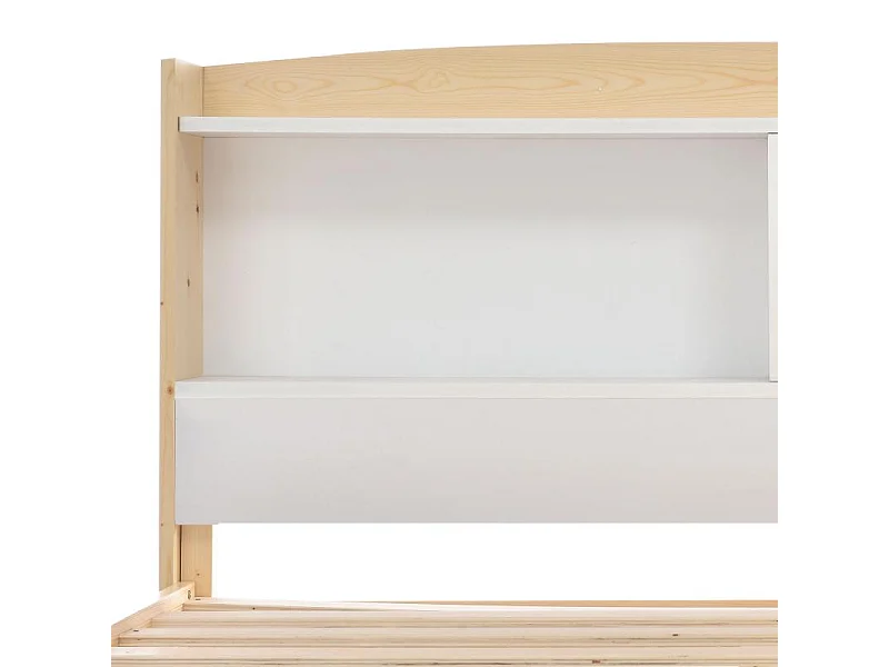 Letto singolo in legno massello 90×200 con testiera portaoggetti, struttura in pino, doghe, bianco naturale, letto bambino adolescente con materasso