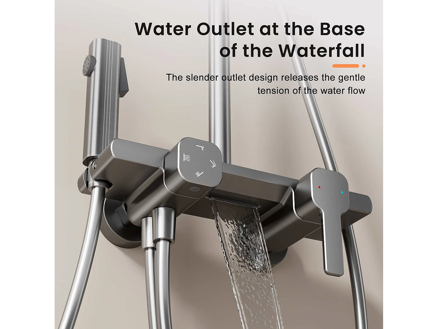 Système de douche en aluminium avec douche pluie, douchette, cascade d’eau, 4 modes, finition anodisée moderne