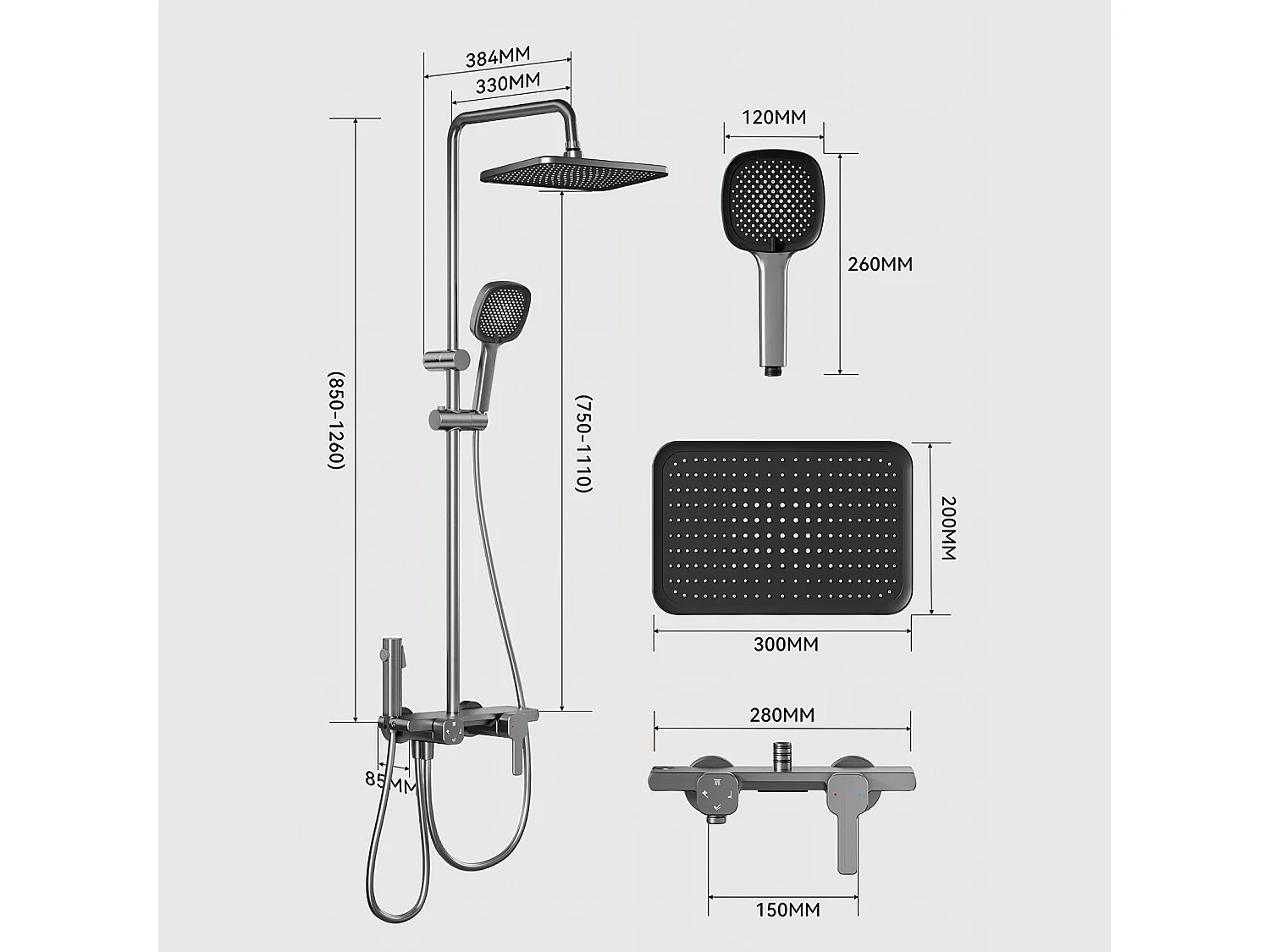 Système de douche en aluminium avec douche pluie, douchette, cascade d’eau, 4 modes, finition anodisée moderne