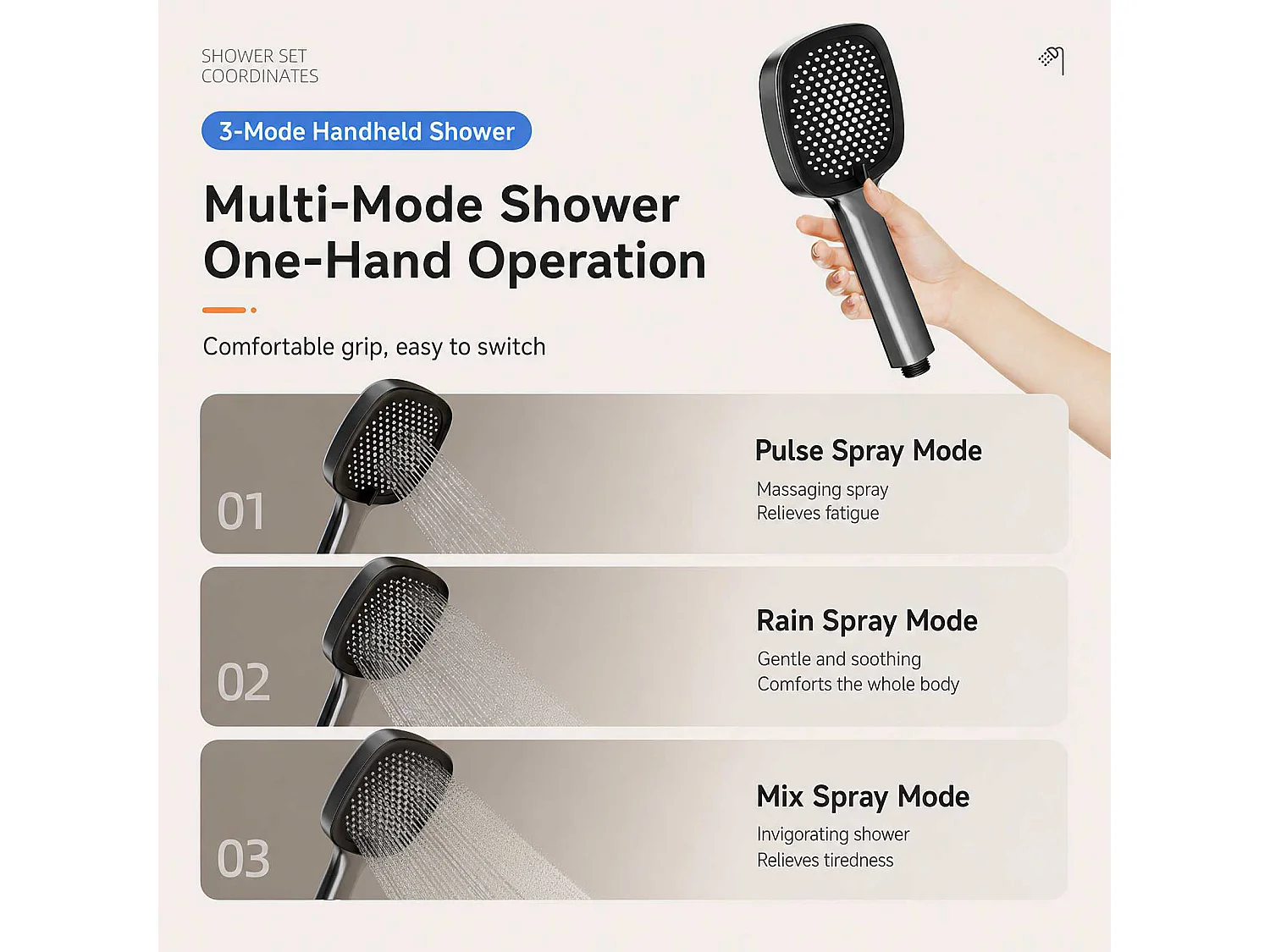 Système de douche en aluminium avec douche pluie, douchette, cascade d’eau, 4 modes, finition anodisée moderne