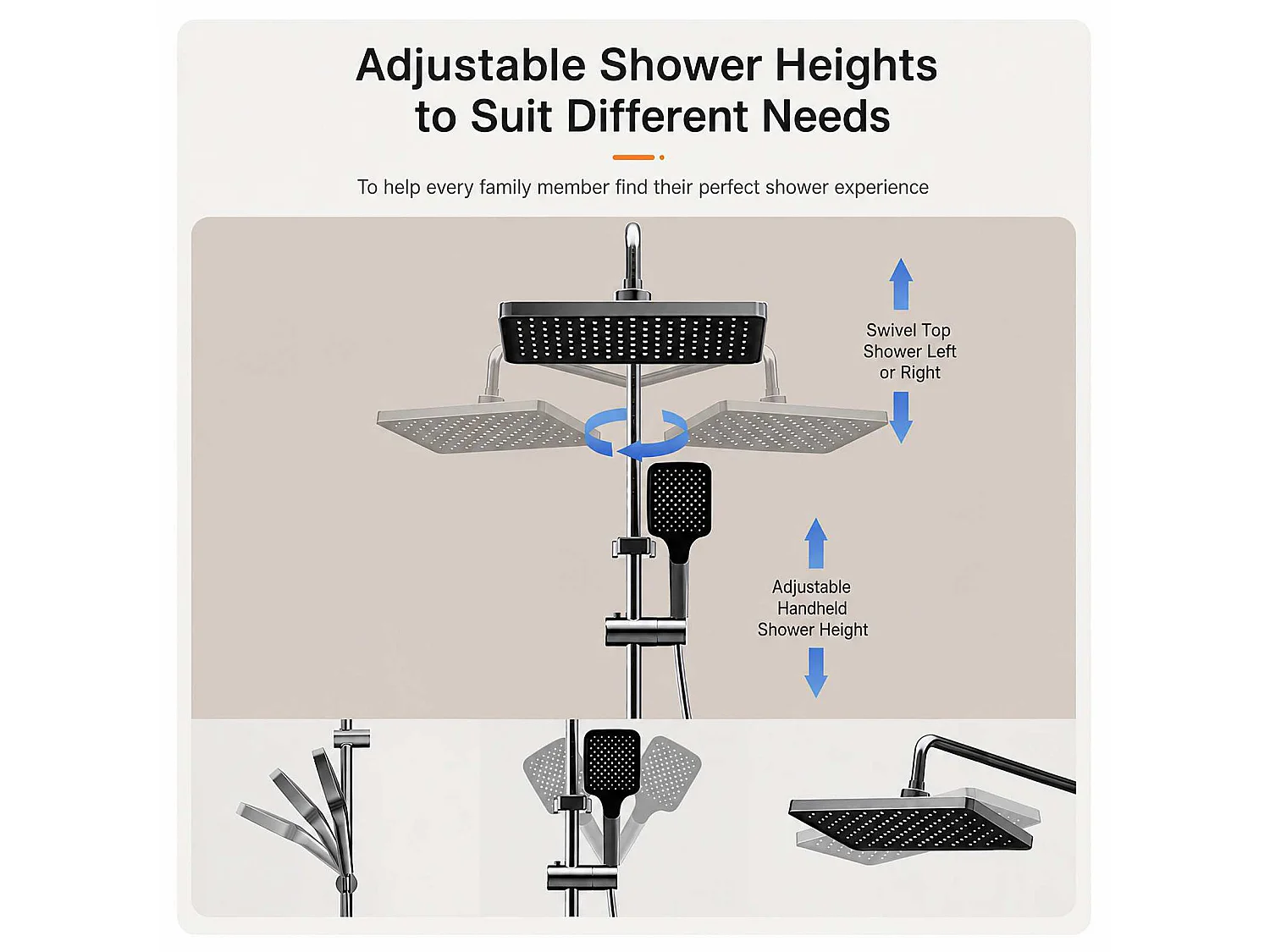 Système de douche en aluminium avec douche pluie, douchette, cascade d’eau, 4 modes, finition anodisée moderne