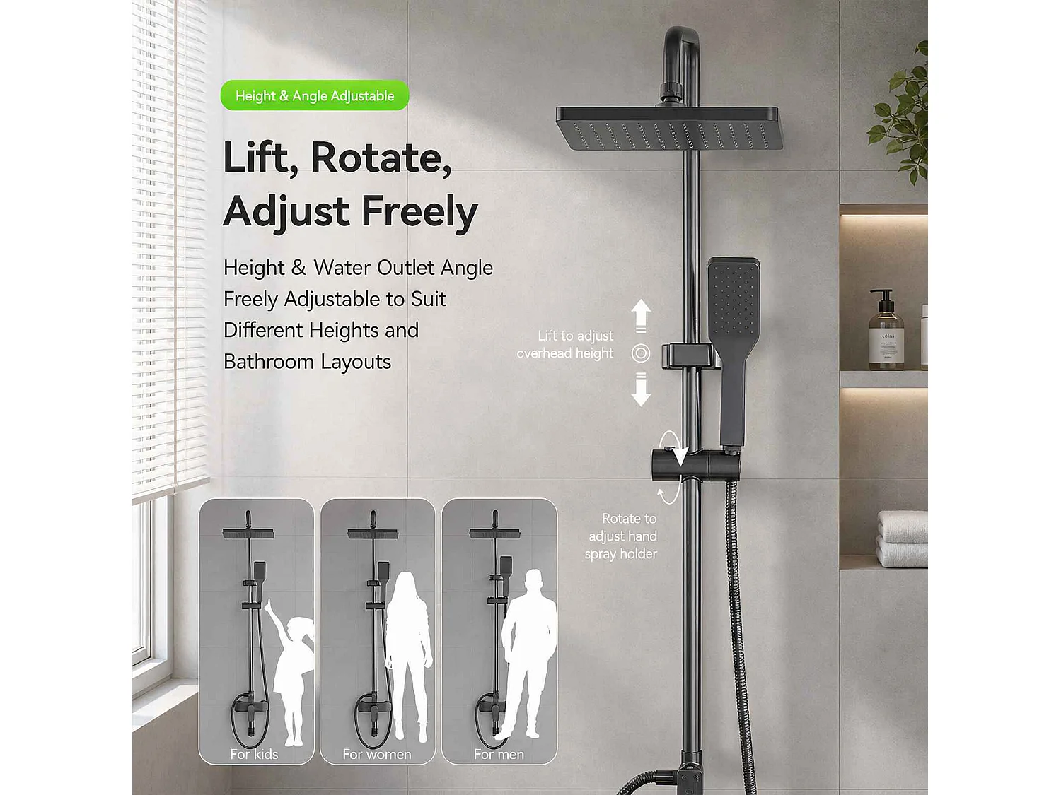 Colonne de douche 3 fonctions en aluminium avec ciel de pluie, douchette haute pression et mitigeur thermostatique