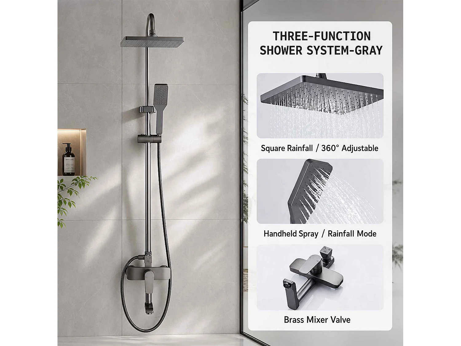 Colonne de douche 3 fonctions en aluminium avec ciel de pluie, douchette haute pression et mitigeur thermostatique
