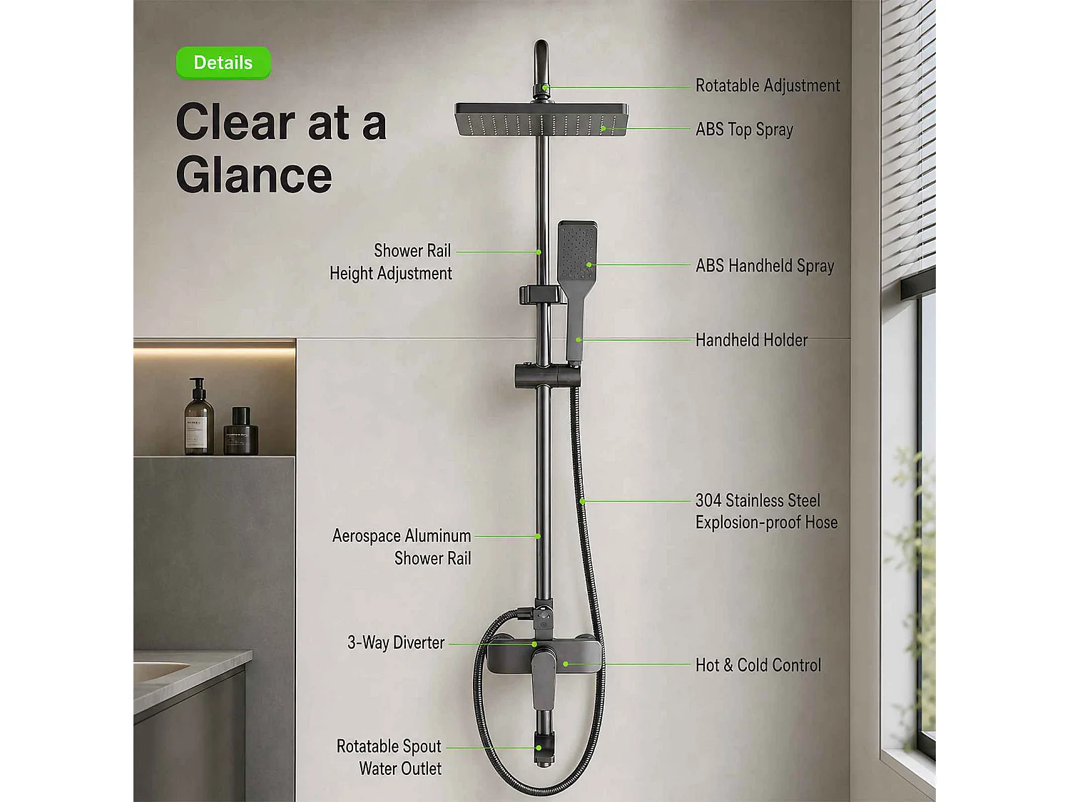 Colonne de douche 3 fonctions en aluminium avec ciel de pluie, douchette haute pression et mitigeur thermostatique