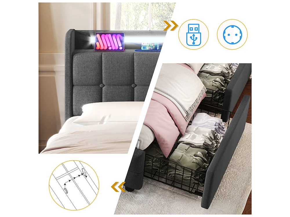 Cama Doble 140x200 cm con USB, LED y 4 Cajones de Almacenamiento – Estilo Moderno Ultra Funcional
