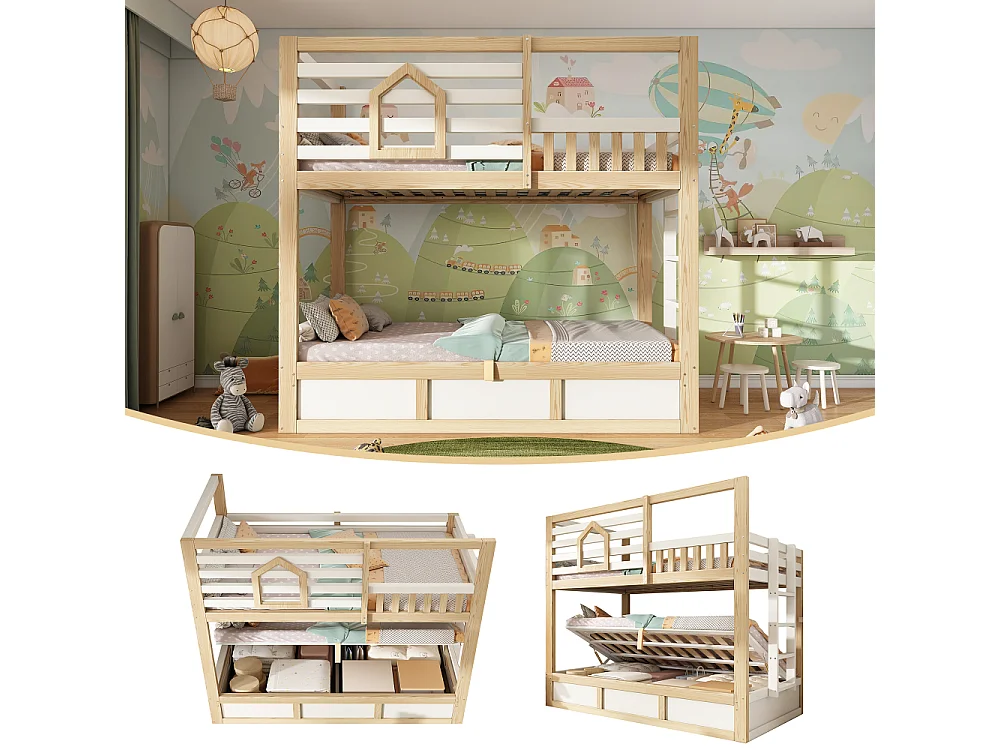 Litera infantil 90x200 cm estilo cabaña de madera blanco/roble con almacenamiento hidráulico, barandilla de seguridad y escalera recta, sin colchón