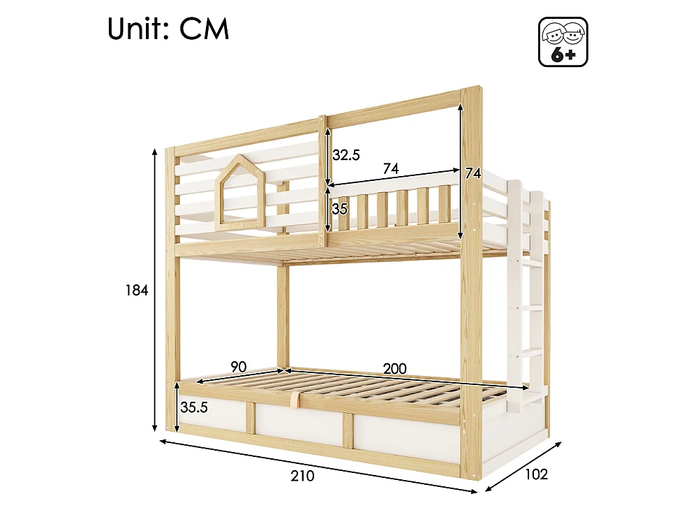 Litera infantil 90x200 cm estilo cabaña de madera blanco/roble con almacenamiento hidráulico, barandilla de seguridad y escalera recta, sin colchón